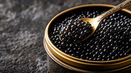 A close-up of luxurious black caviar in a gold tin, with a mother-of-pearl spoon scooping the glossy pearls, set against a dark, elegant background.