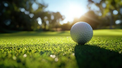 A golf ball in mid-air, captured just after a powerful swing, with a blurred golf course background and bright sunlight illuminating the ball trajectory.