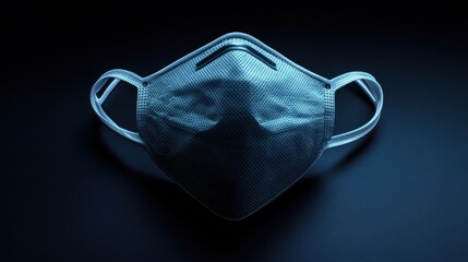 A KN95 mask positioned diagonally on a black background, with soft lighting highlighting its contours, straps, and structured design for a professional look.