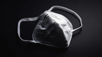 A KN95 mask positioned diagonally on a black background, with soft lighting highlighting its contours, straps, and structured design for a professional look.