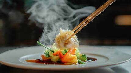 A pair of chopsticks lifting a perfect dumpling from a plate, with steamed vegetables and sauce on the side, creating an appetizing scene.
