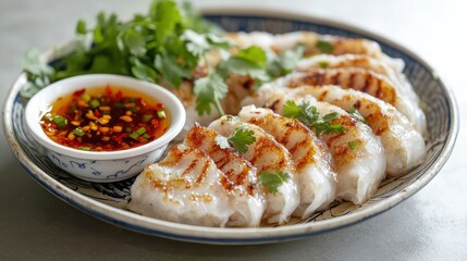 A plate of piping-hot served with dipping sauce, garnished with cilantro and chili, set on a traditional ceramic dish with a light background.