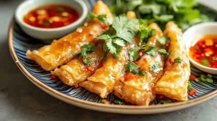A plate of piping-hot served with dipping sauce, garnished with cilantro and chili, set on a traditional ceramic dish with a light background.