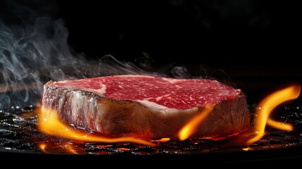 A premium Wagyu beef steak being cooked to perfection over an open flame, with juices dripping onto the grill, flames rising, and a dark moody background adding to the drama.