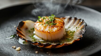 A single scallop in its shell, grilled with garlic butter and herbs, placed on a dark slate plate, with steam rising to highlight its rich and savory aroma.