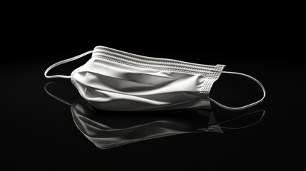 A single white surgical mask lying flat on a black surface, with soft lighting highlighting its texture and folds, creating a minimalistic and sterile look.