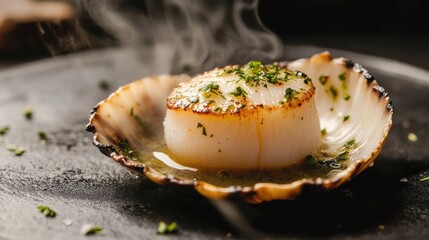 A single scallop in its shell, grilled with garlic butter and herbs, placed on a dark slate plate, with steam rising to highlight its rich and savory aroma.