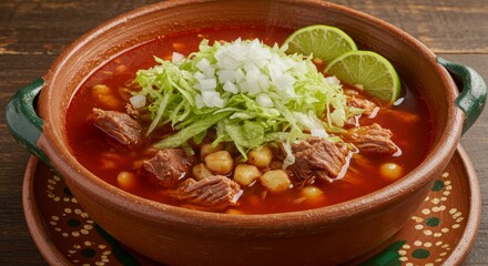 Red Pozole Soup with Meat and Hominy in Clay Bowl