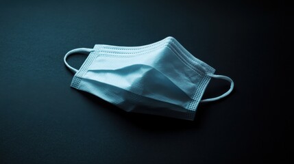 A single white surgical mask lying flat on a black surface, with soft lighting highlighting its texture and folds, creating a minimalistic and sterile look.