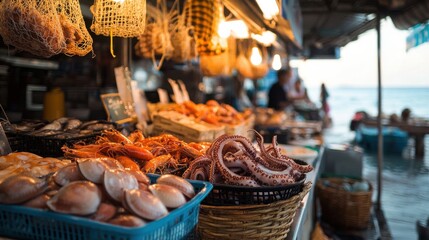 An open-air seafood stall near the beach, showcasing an assortment of octopus, clams, and prawns, with baskets and nets enhancing the authentic market feel.