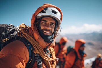 Mountaineer with gear and team in background