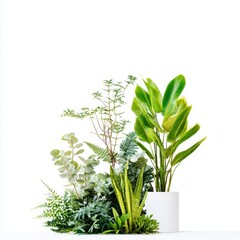Naklejka premium Lush Green Indoor Plants Collection in Bright Pot on Minimalist White Background for Home Decor and Interior Design Inspiration