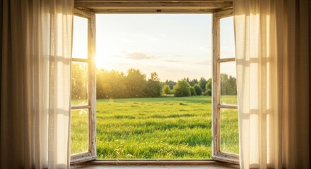 Rustic Window View of a Sunlit Green Field