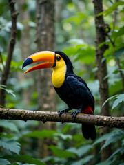 Fototapeta premium Keel-billed Toucan, Ramphastos sulfuratus, bird with big open bill. Toucan sitting on the branch, forest, Boca Tapada, green vegetation, Costa Rica. Nature travel, central America.Trees with bird.