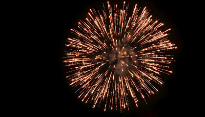 Single Golden Orange Firework Explosion Against A Dark Black Night Sky During Celebratory Event