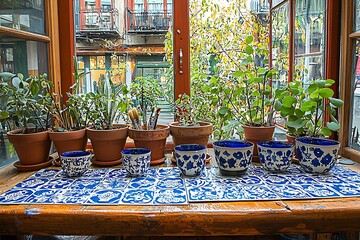 Blue Pottery and Plants in a Sunlit Window