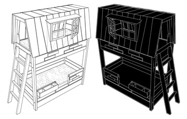 Children's Bunk Bed Vector. Illustration Of A Double-Decker Bed Which Looks Like A Tree House In A Child's Room Isolated On A White Background.