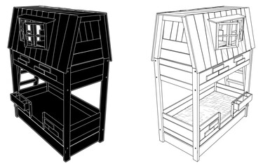 Children's Bunk Bed Vector. Illustration Of A Double-Decker Bed Which Looks Like A Tree House In A Child's Room Isolated On A White Background.