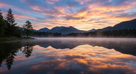 Obraz premium Sunrise Over Misty Lake with Mountain Reflection