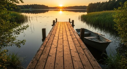 Fototapeta premium Sunset Over Calm Lake with Wooden Dock and Small Boat