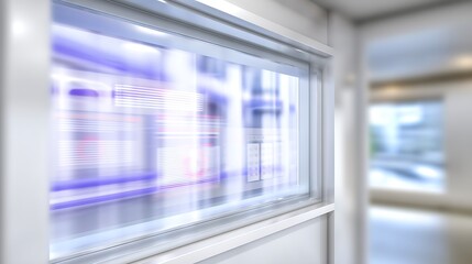 Fototapeta premium Blurred Cityscape View Through Modern Window in Contemporary Space