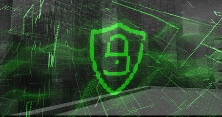 Pixelated green shield floating in 3D digital cityscape, showing padlock icon and streaming data - Powered by Adobe