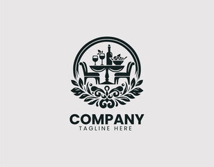 Fototapeta premium Elegant Dining Table Setting for Two Wine Salad Vector Logo Design, Romantic Dinner Table Wine Salad Setup Logo Vector