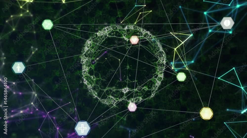 Poster abstract network visualizing green fractal circle, linking colored nodes over luminescent lines