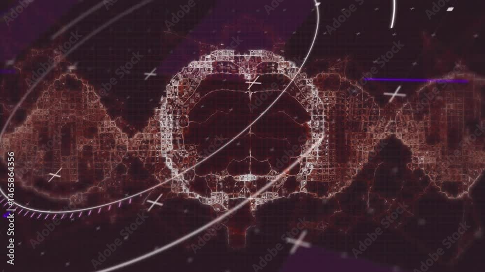 Poster visualizing skull-shaped grid floating inside digital hud, displaying lateral dna waveform modules