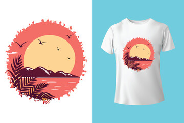 90s Retro Style Surfing Design with Sunset Rays and Palm Silhouette – Vintage Beach Art