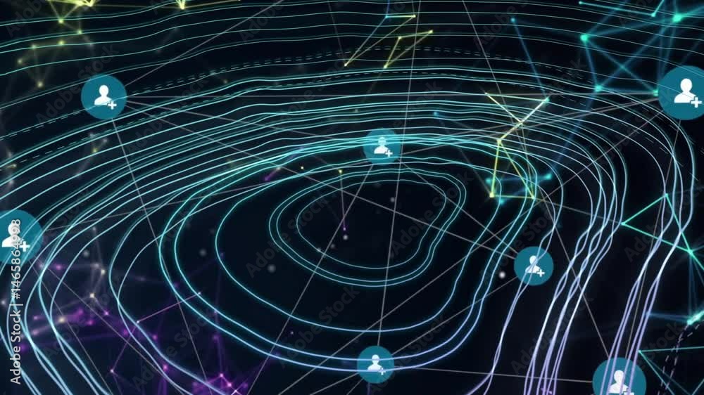 Poster showing glowing contour lines forming map shape on dark grid, featuring user-plus icons and nodes