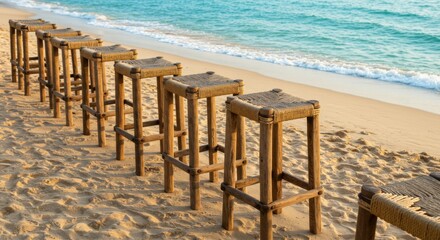 Fototapeta premium Wooden Barstools on Sandy Beach Near Ocean