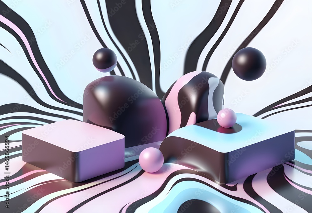 Poster abstract geometric shapes, monochrome texture with pastel accents, 3d rendering creates a retro cont
