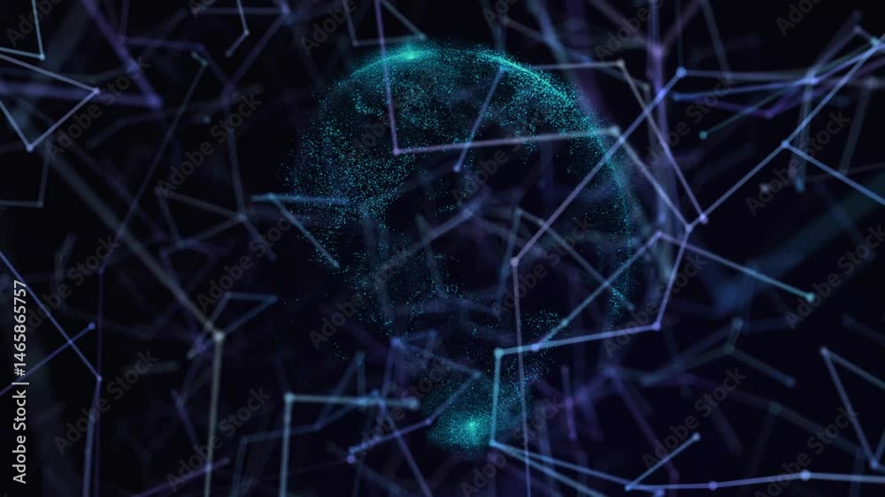 Poster Teal particle cluster pulsing within digital network, displaying glowing nodes and layered 3D lines