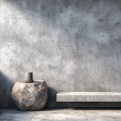 Minimalist interior features flat concrete wall with clean surface, stone table, and concrete bench, creating serene atmosphere