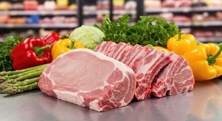 Fresh and Delicious Pork Chops with Colorful Vegetables Ready for Cooking in a Modern Kitchen Setting