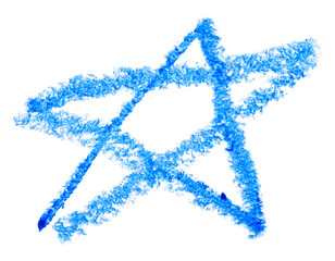 Hand drawn blue five pointed star, simple children's crayon illustration isolated