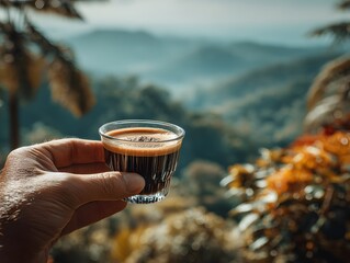 A hand holds a small glass of espresso coffee outdoors with a scenic mountain and lush vegetation background.
