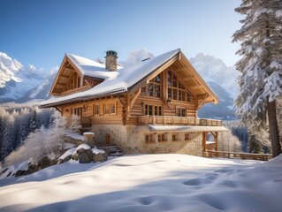 "Sunlit Alpine Chalet Nestled in a Snowy Forest – A Picturesque Winter Escape in a Rustic Ski Retreat"