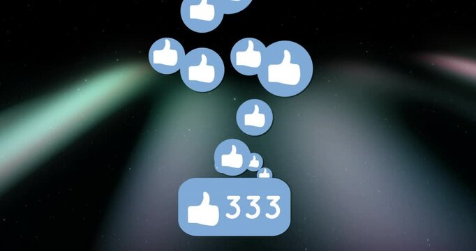 Floating blue thumbs-up icons rising over space-like background with central counter showing 333