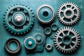 A captivating flat lay showcasing various teal and silver gears, meticulously arranged on a textured teal background, creating a striking visual representation of intricate machinery and teamwork.