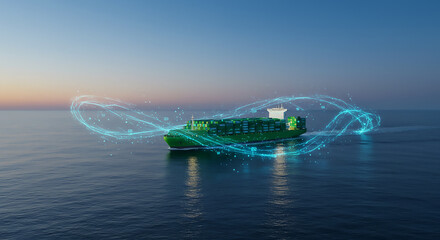 A green cargo ship sailing on the ocean with digital data streams surrounding the vessel at dusk