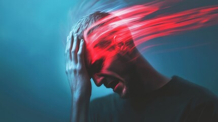 Severe headache abstract visualization with blurred background depicts high stress and unhealthy activity causing migraine or vertigo in the brain