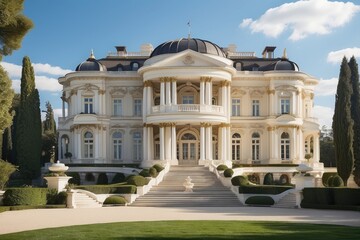 Obraz premium A grand yellow mansion featuring a spacious porch and stone foundation.