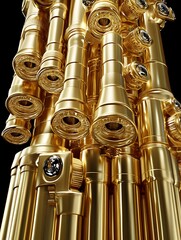 Naklejka premium Gleaming golden tubes and crystal adornments, a luxurious technological sculpture
