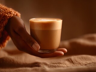 A hand gently holds a glass of creamy latte art coffee against a warm brown textured background.