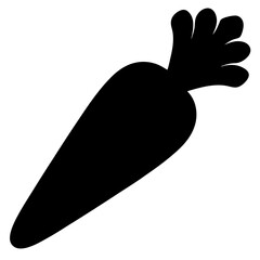 Black and white simplistic illustration of a cartoon carrot with leaves