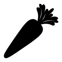 A solid black silhouette of a single carrot with leafy top