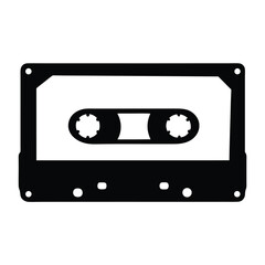 A stark black and white illustration of a retro audio cassette tape