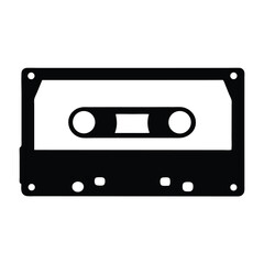 A simple, black silhouette of an audio cassette tape on a white background